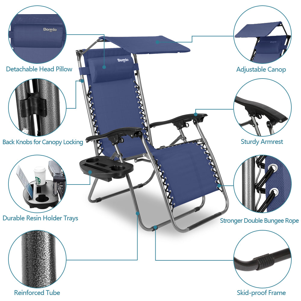 Outdoor Folding Zero Gravity Lounge Chair with Canopy Blue
