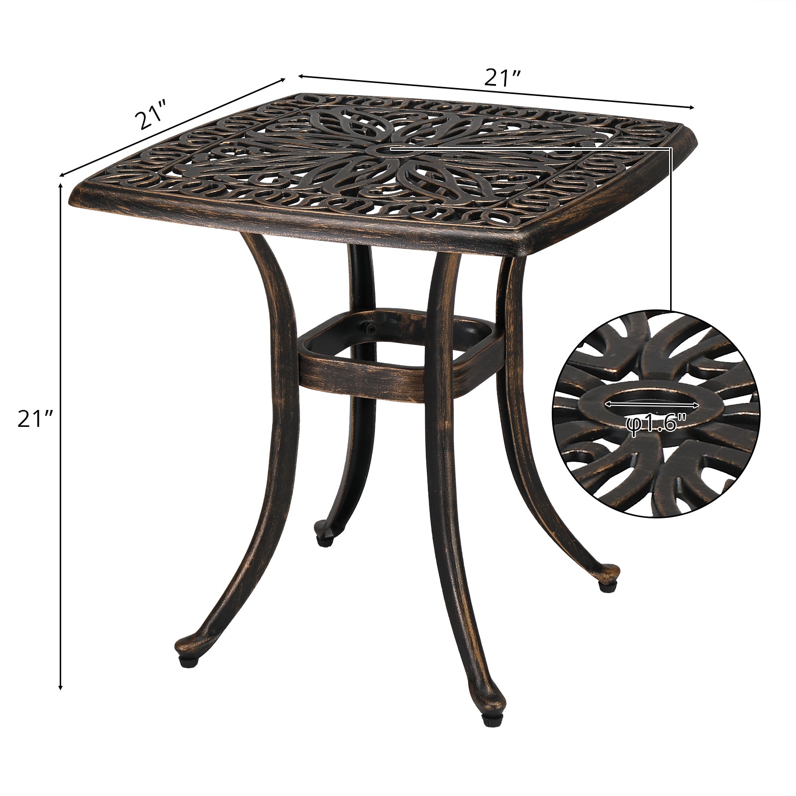 21" Sqaure Outdoor Side Table with Umbrella Hole Bronze