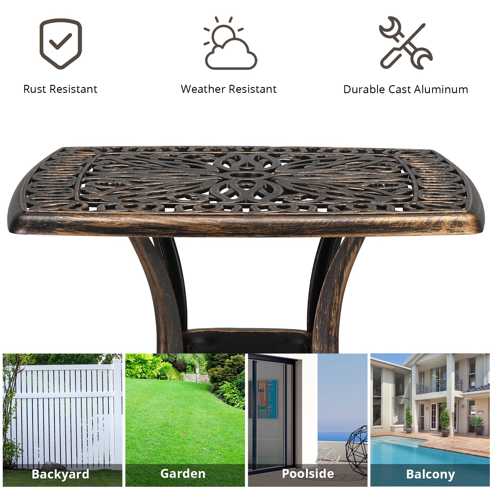 21" Sqaure Outdoor Side Table with Umbrella Hole Bronze