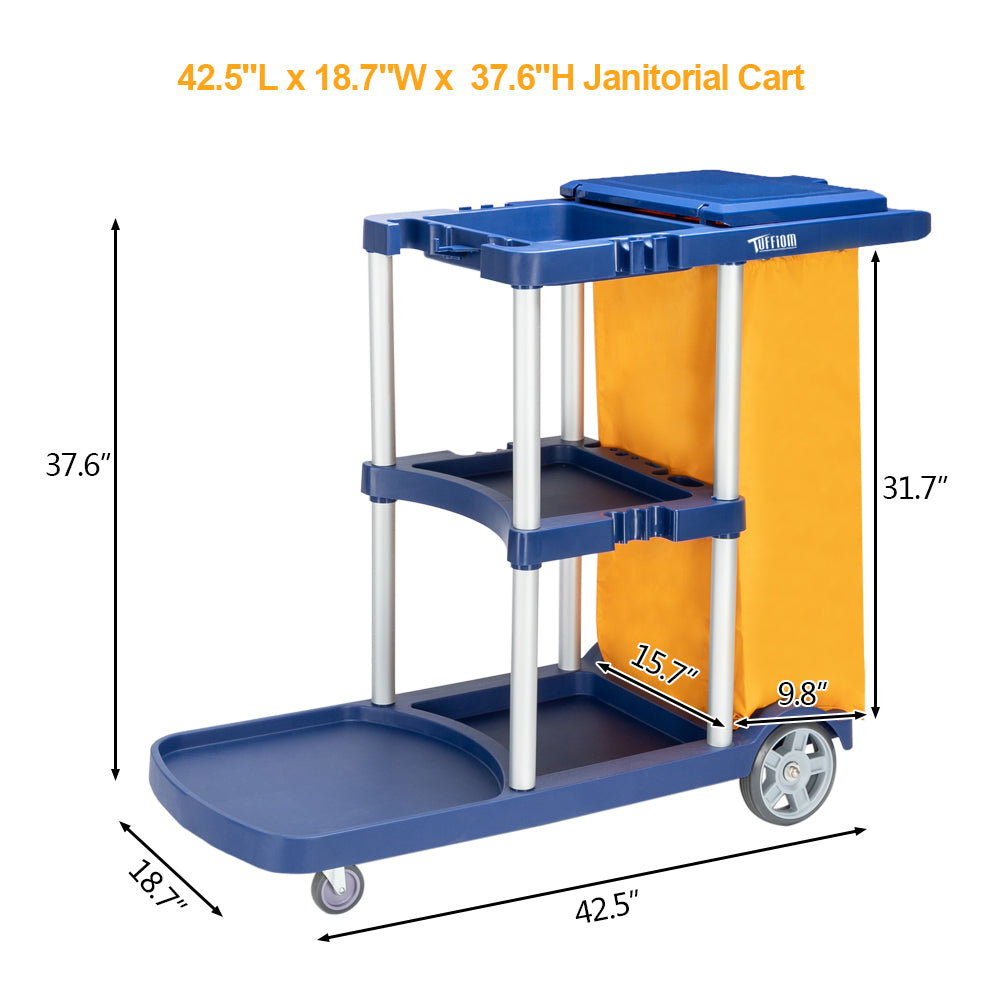 3-Tier 500 LBS Capacity Janitorial Cart with 22 Gallon Bag Blue
