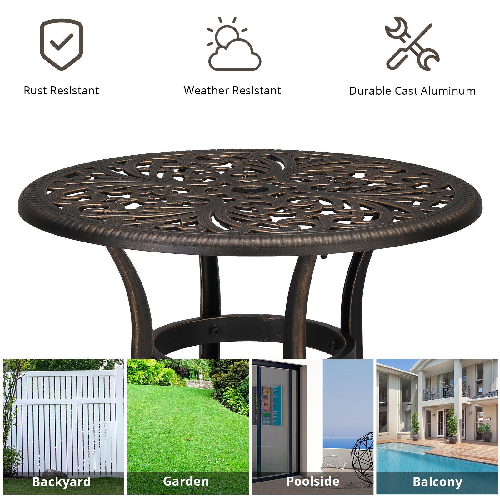 23.6" Round Outdoor Side Table with Umbrella Hole Bronze