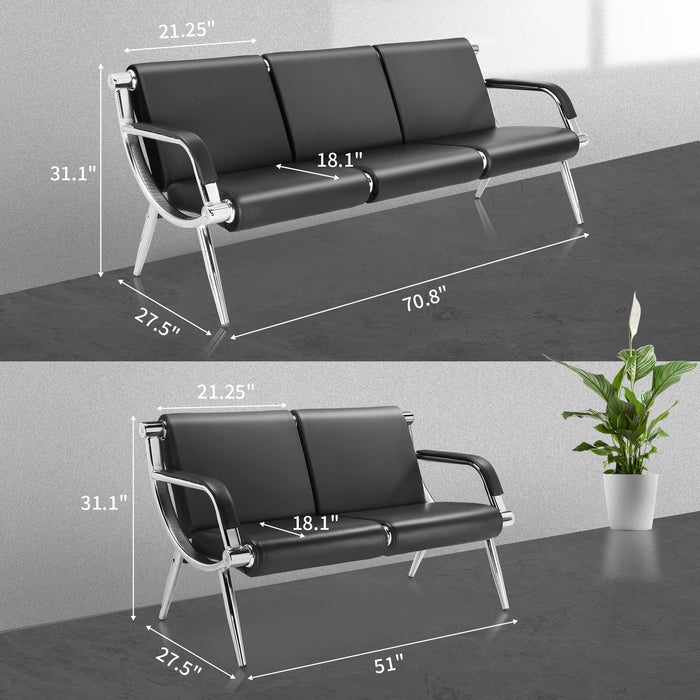 63" 3 Seat Waiting Chair Bench Seating PU Leather Black