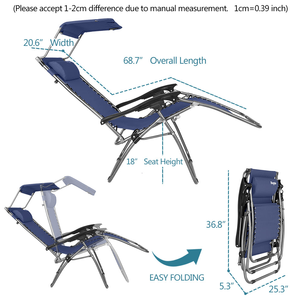 Outdoor Folding Zero Gravity Lounge Chair with Canopy Blue