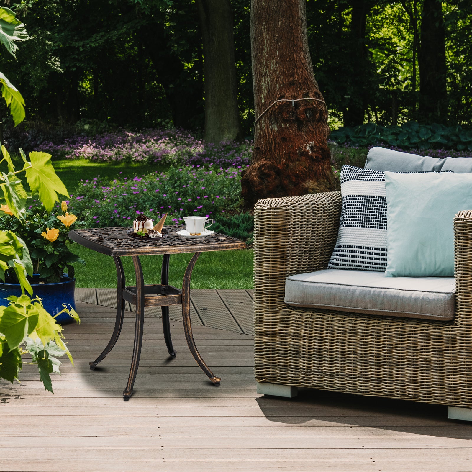 21" Sqaure Outdoor Side Table with Umbrella Hole Bronze