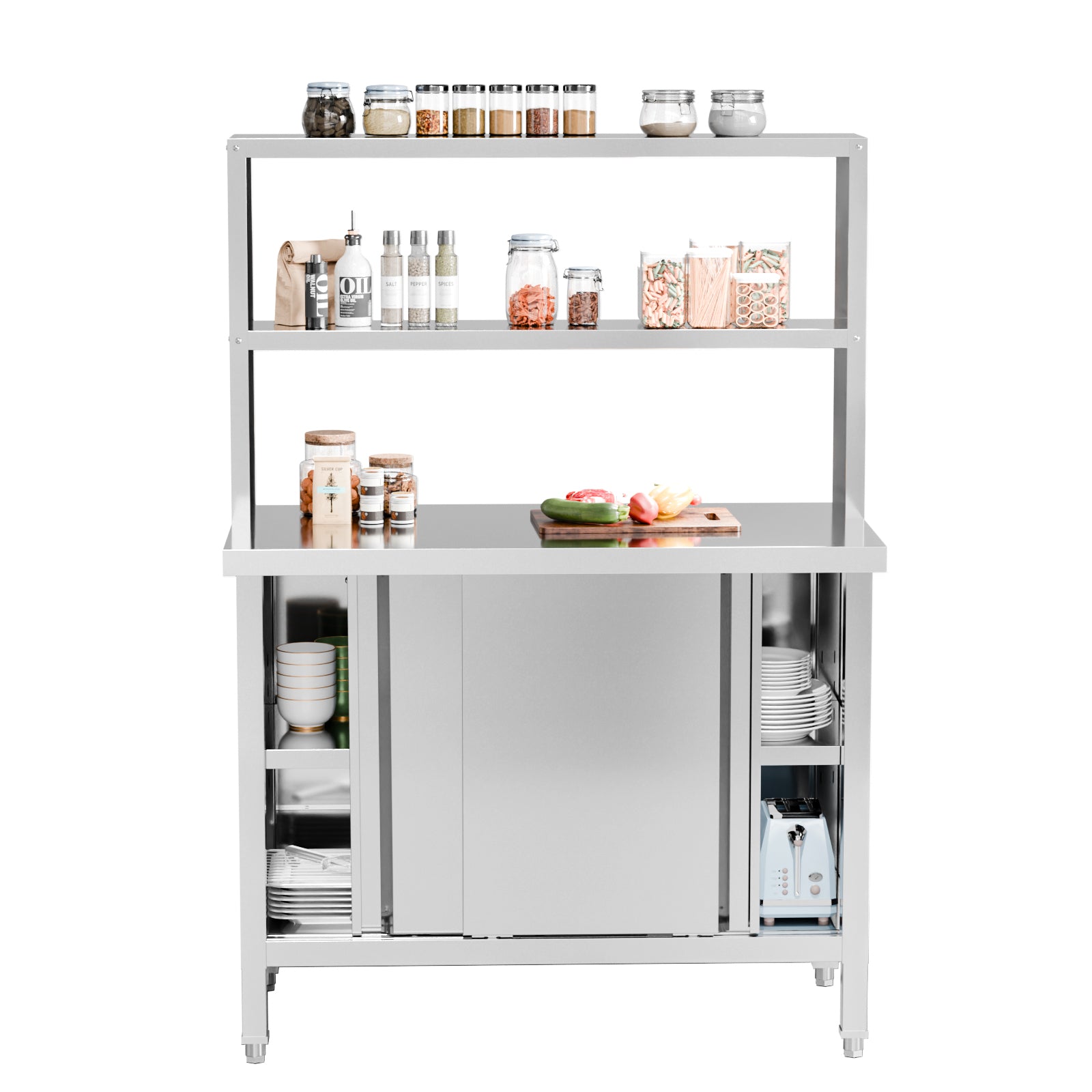 ROVSUN 39" x 19" Stainless Steel Table with Cabinet & Overshelves