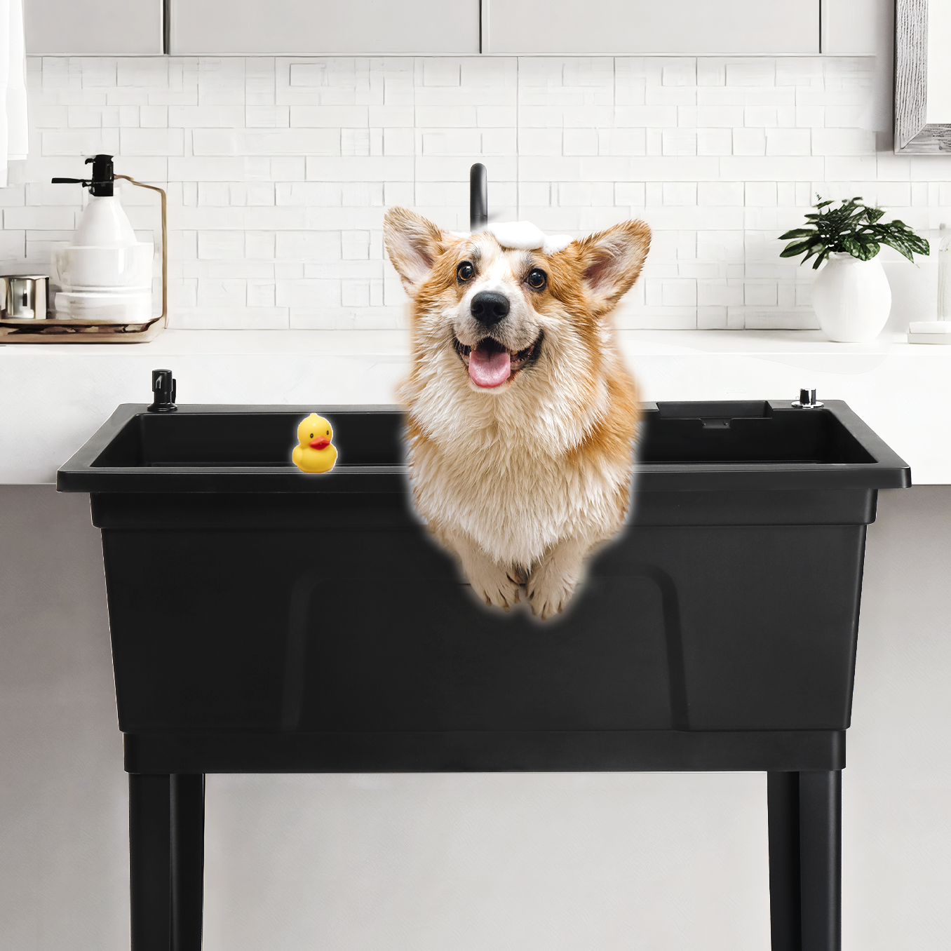 ROVSUN 40" X 24" Heavy Duty Plastic Laundry Tub with Storage Shelf Black