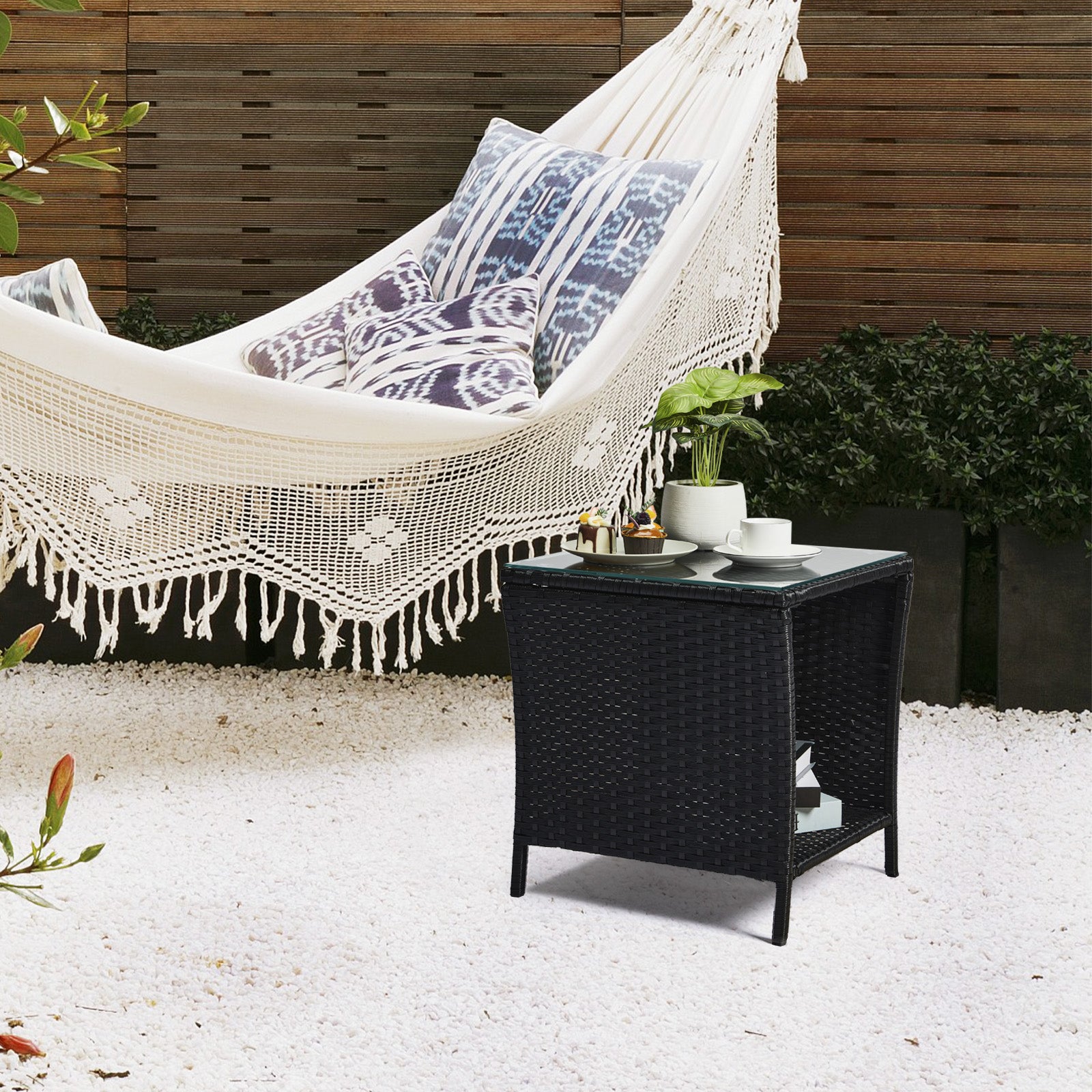 Outdoor Wicker Side Table with Storage Black