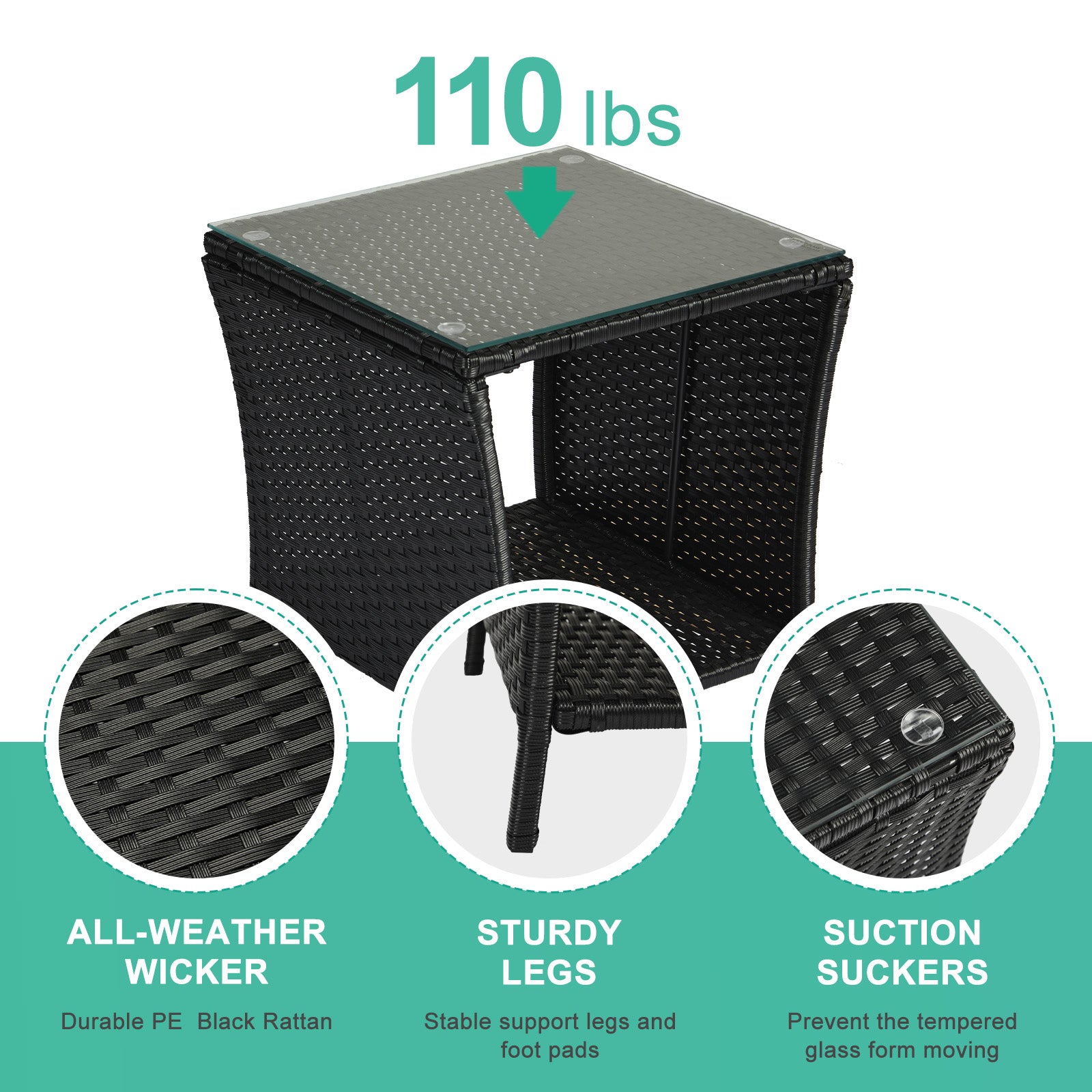 Outdoor Wicker Side Table with Storage Black