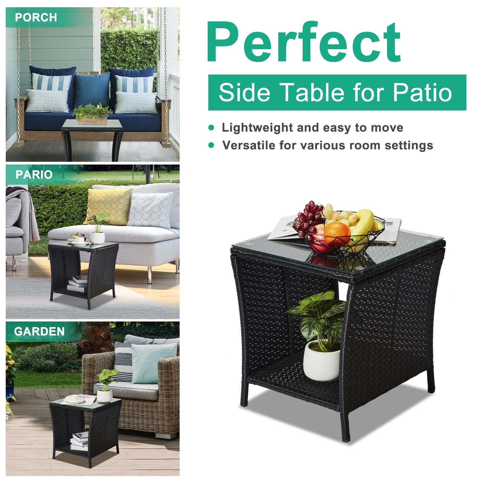 Outdoor Wicker Side Table with Storage Black