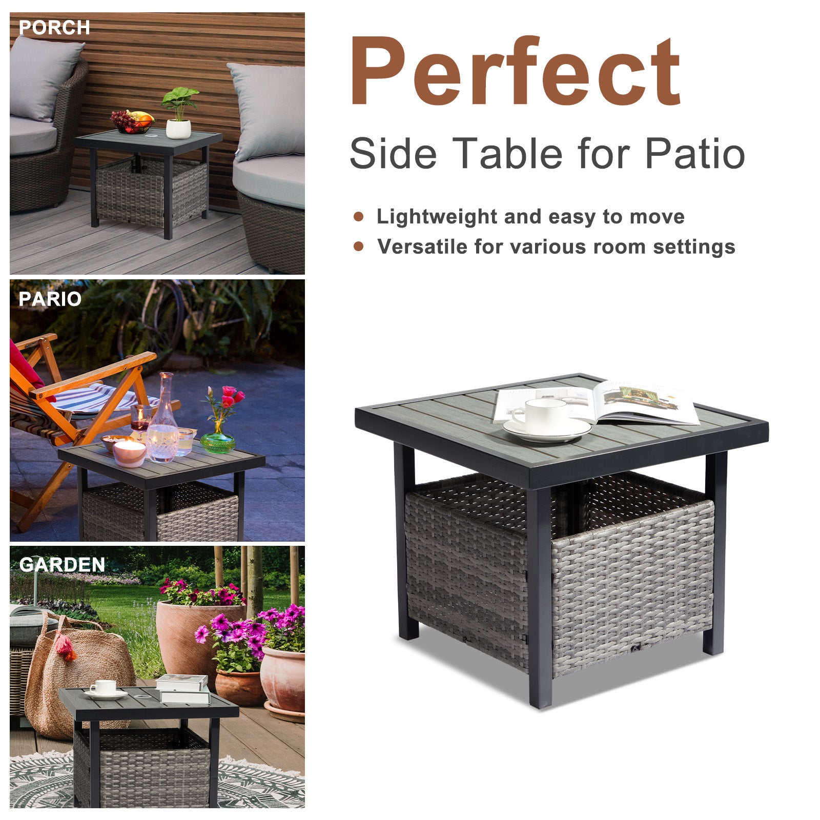 Outdoor Wicker Side Table with Umbrella Hole Grey