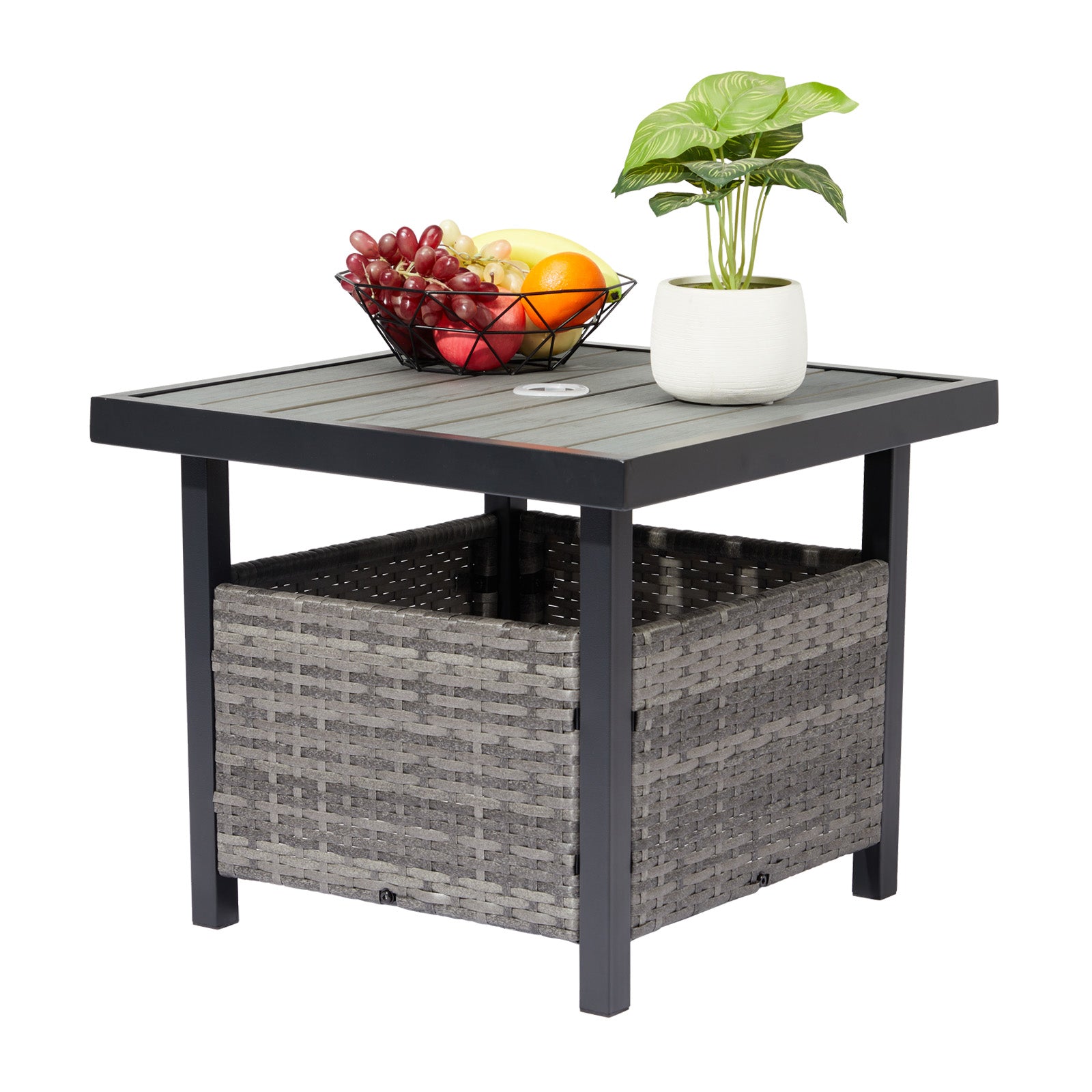 VINGLI Outdoor Wicker Side Table with Umbrella Hole Grey