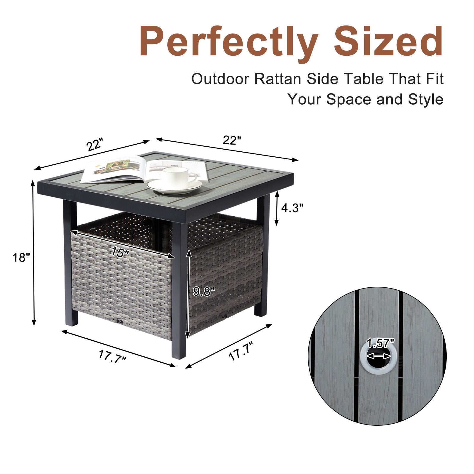 Outdoor Wicker Side Table with Umbrella Hole Grey