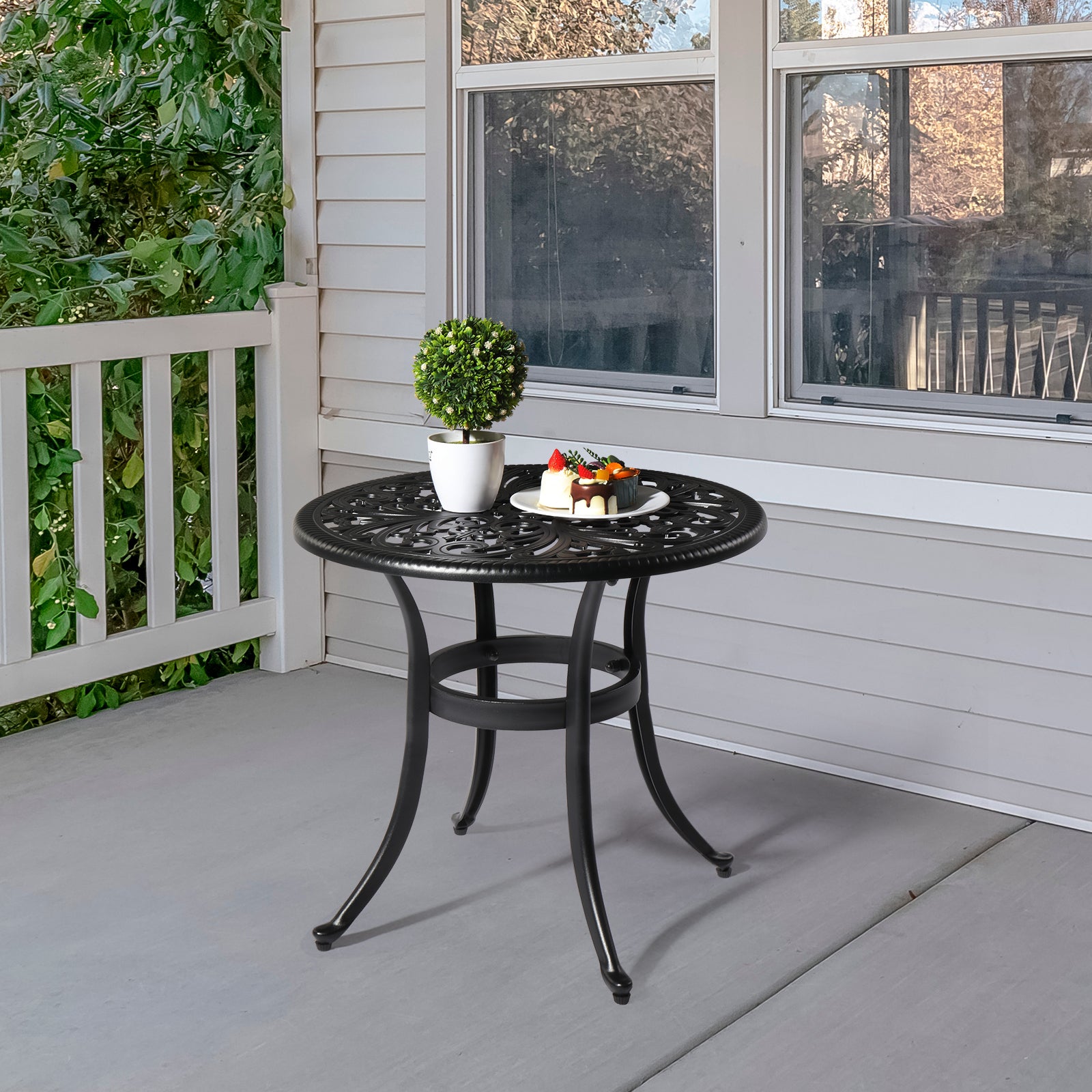 23.6" Round Outdoor Side Table with Umbrella Hole Black