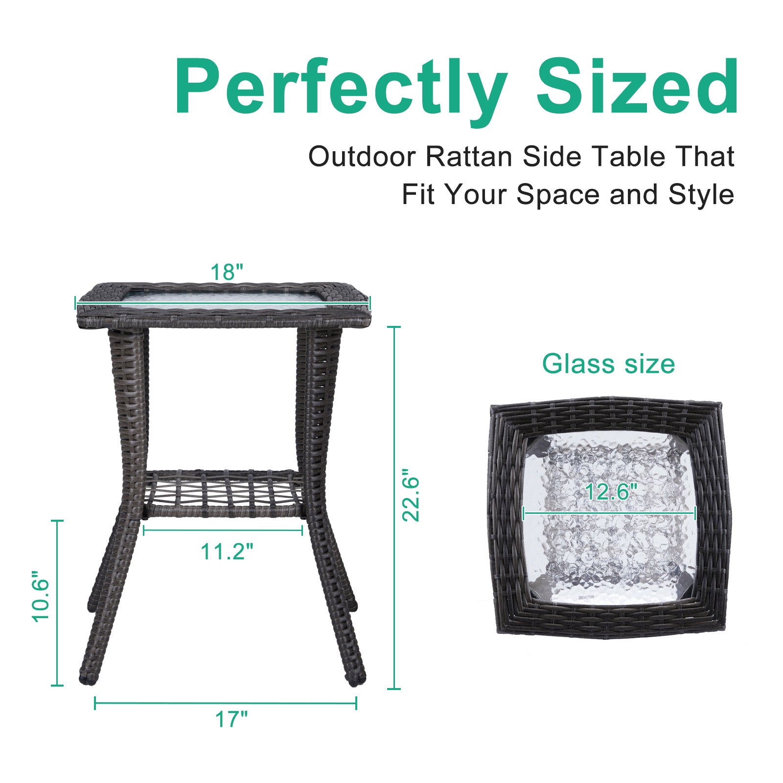 Outdoor Wicker Side Table with Tempered Glass Top Grey