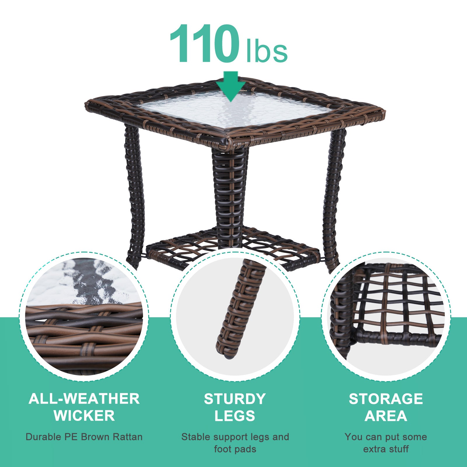 Outdoor Wicker Side Table with Tempered Glass Top Brown
