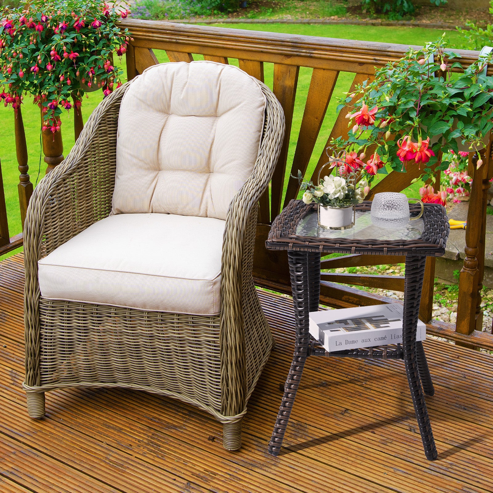 Outdoor Wicker Side Table with Tempered Glass Top Brown