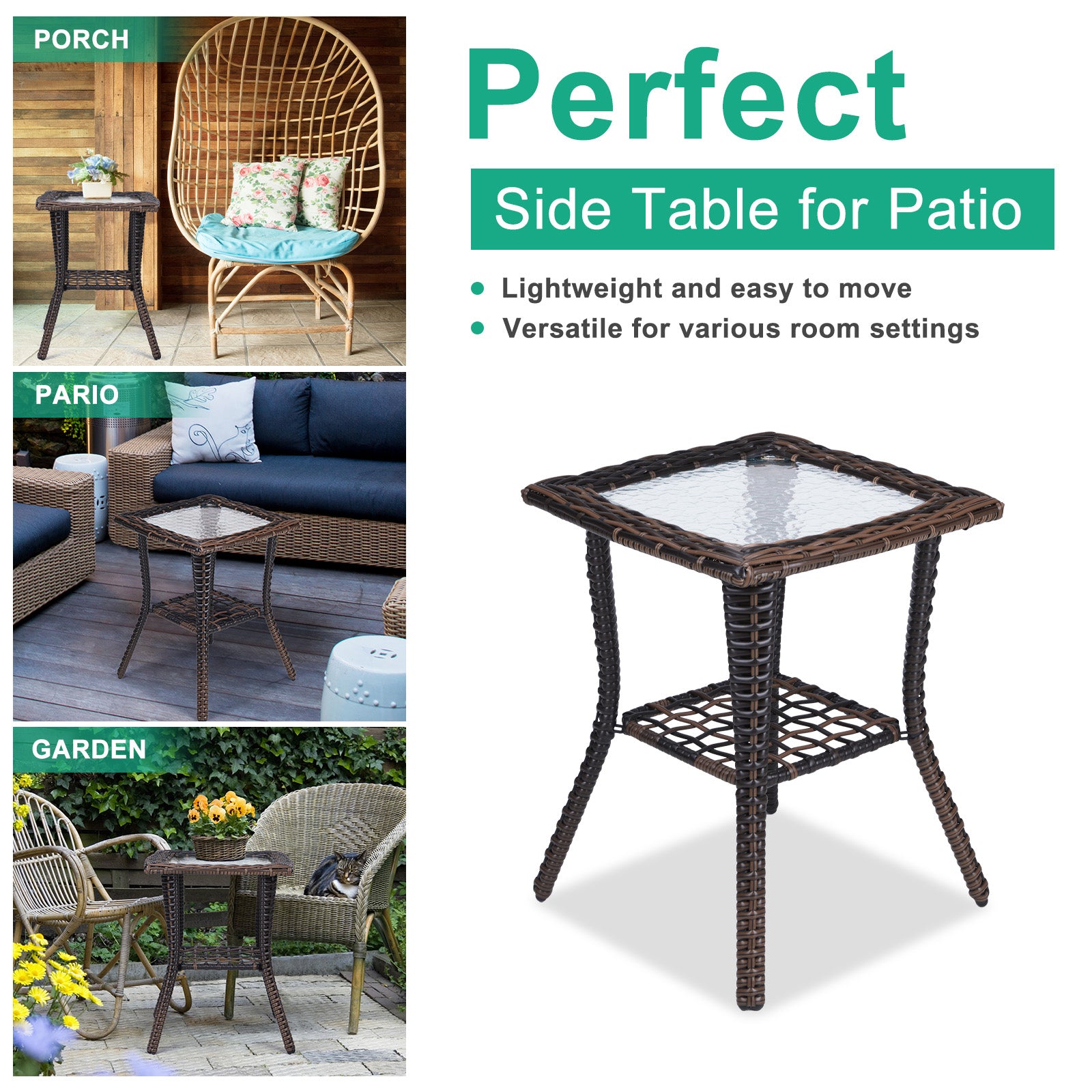 Outdoor Wicker Side Table with Tempered Glass Top Brown