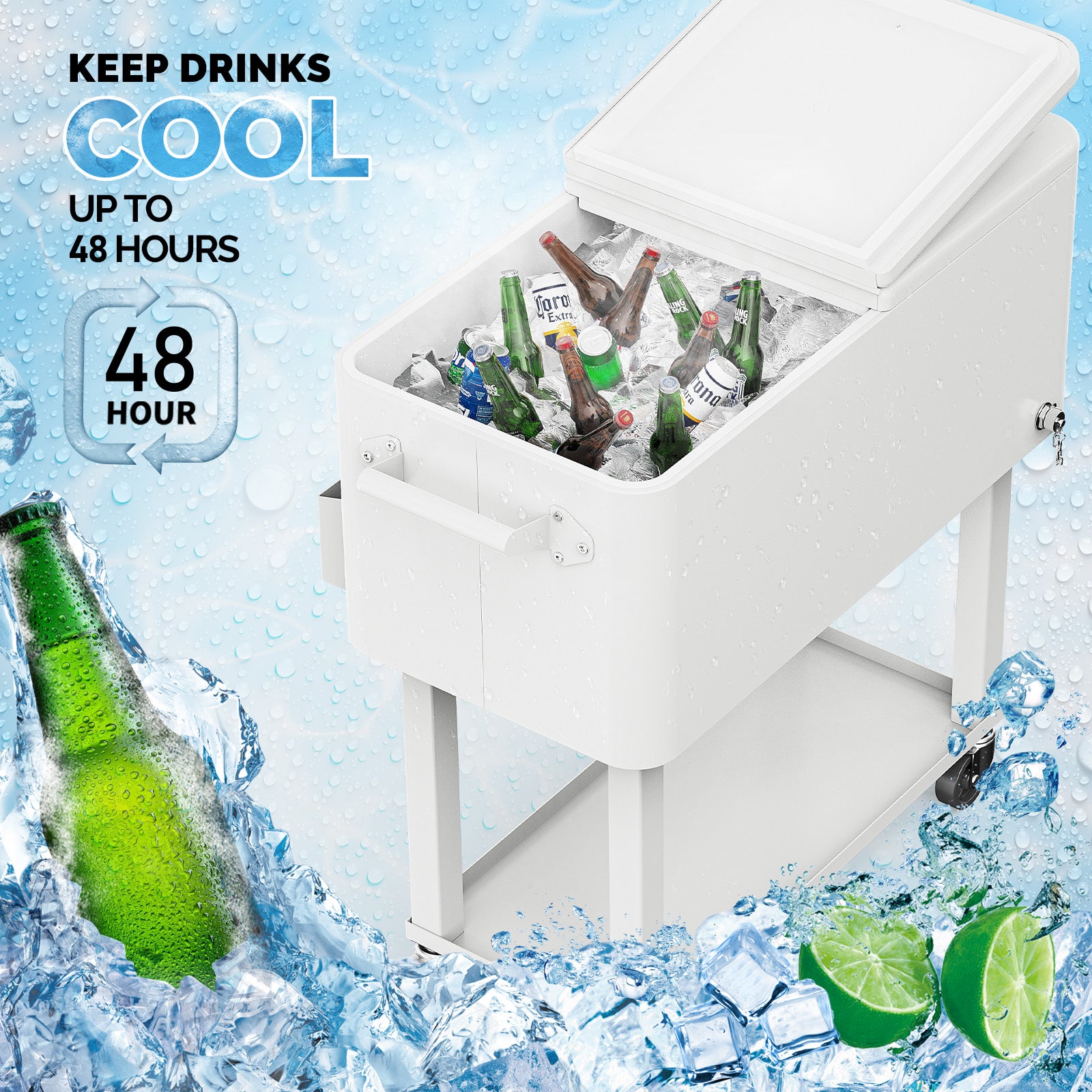 80 Quart Portable Outdoor Patio Rolling Cooler Cart White