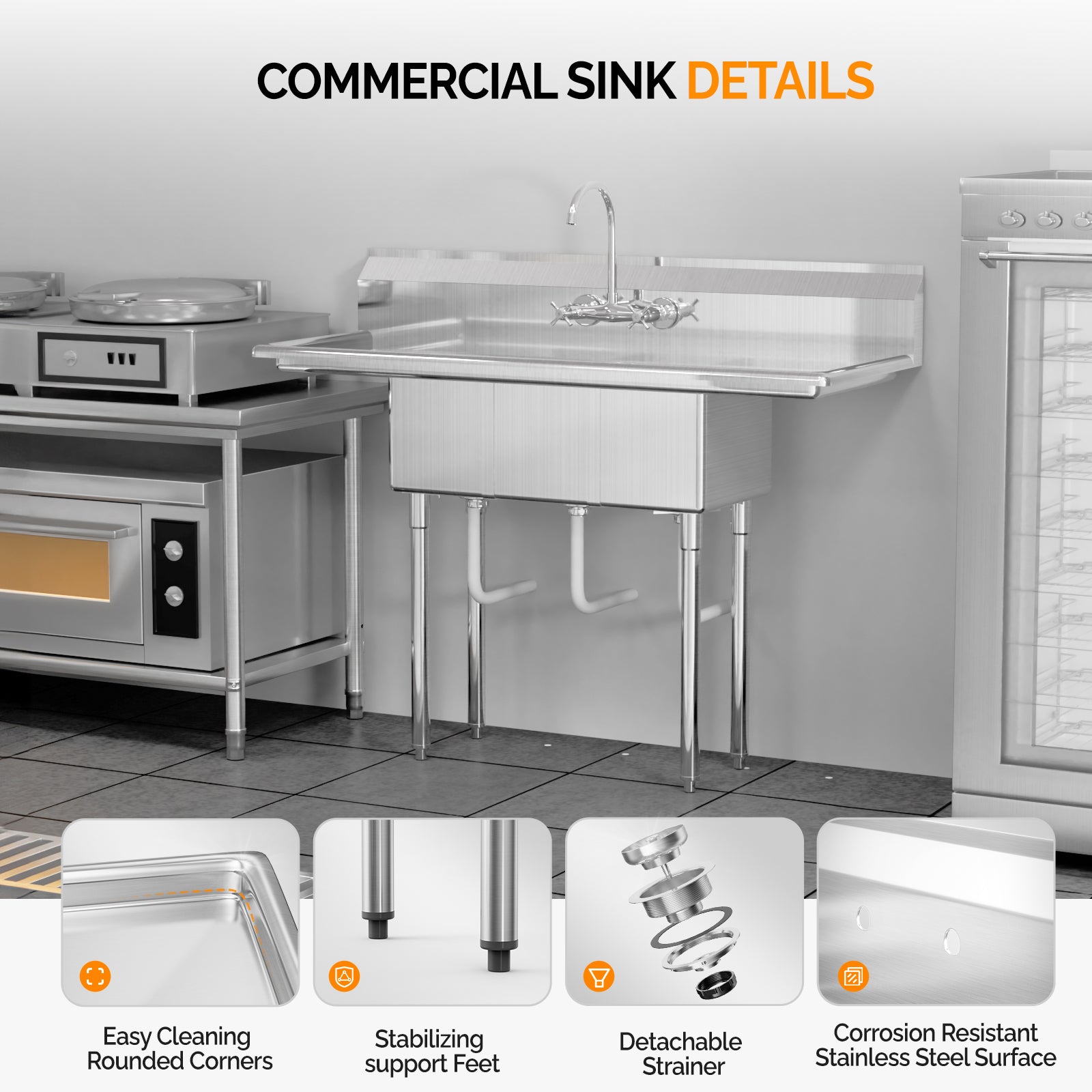 ROVSUN 54" x 20" 3 Compartment 304 Stainless Steel Sink with 2 Drainboards