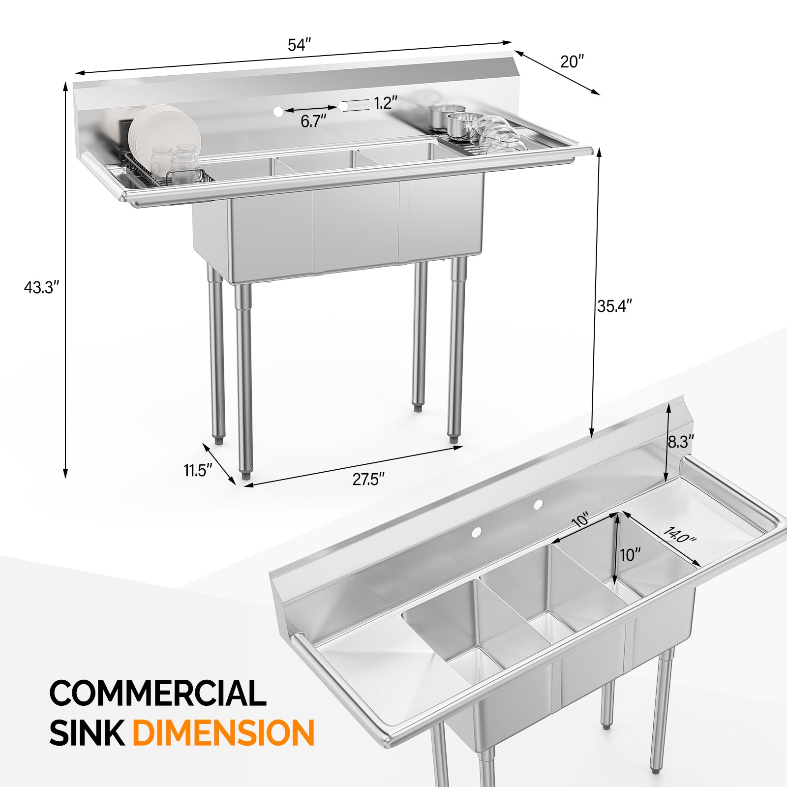 ROVSUN 54" x 20" 3 Compartment 304 Stainless Steel Sink with 2 Drainboards
