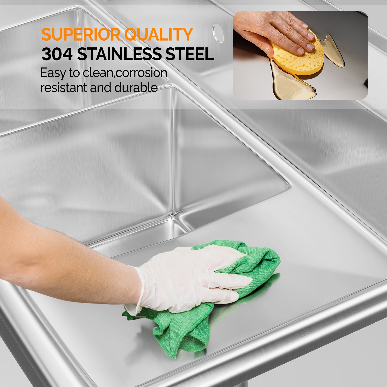 ROVSUN 54" x 20" 3 Compartment 304 Stainless Steel Sink with 2 Drainboards