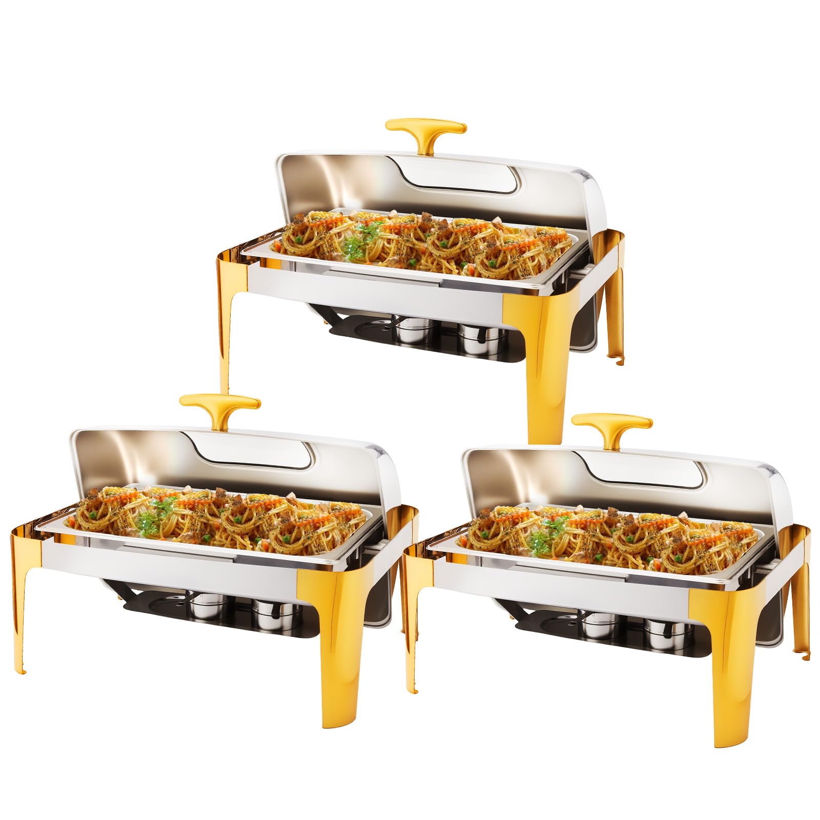 ROVSUN 9 QT Roll Top Rectangular Silver-Gold Chafing Dish Buffet Set with Visible Window