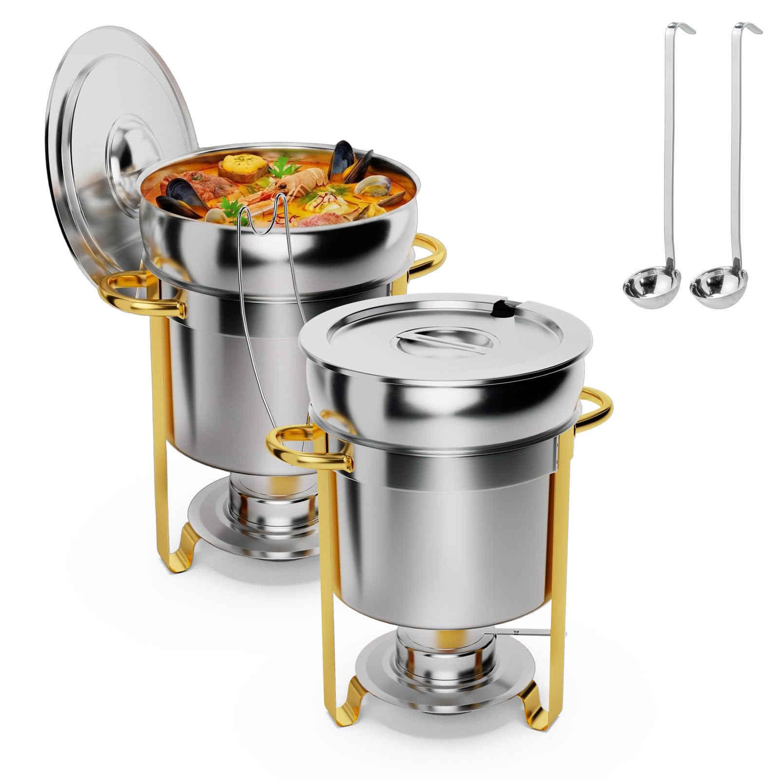 ROVSUN 7 QT Round Silver-Gold Buffet Soup Chafer with Lid Holder