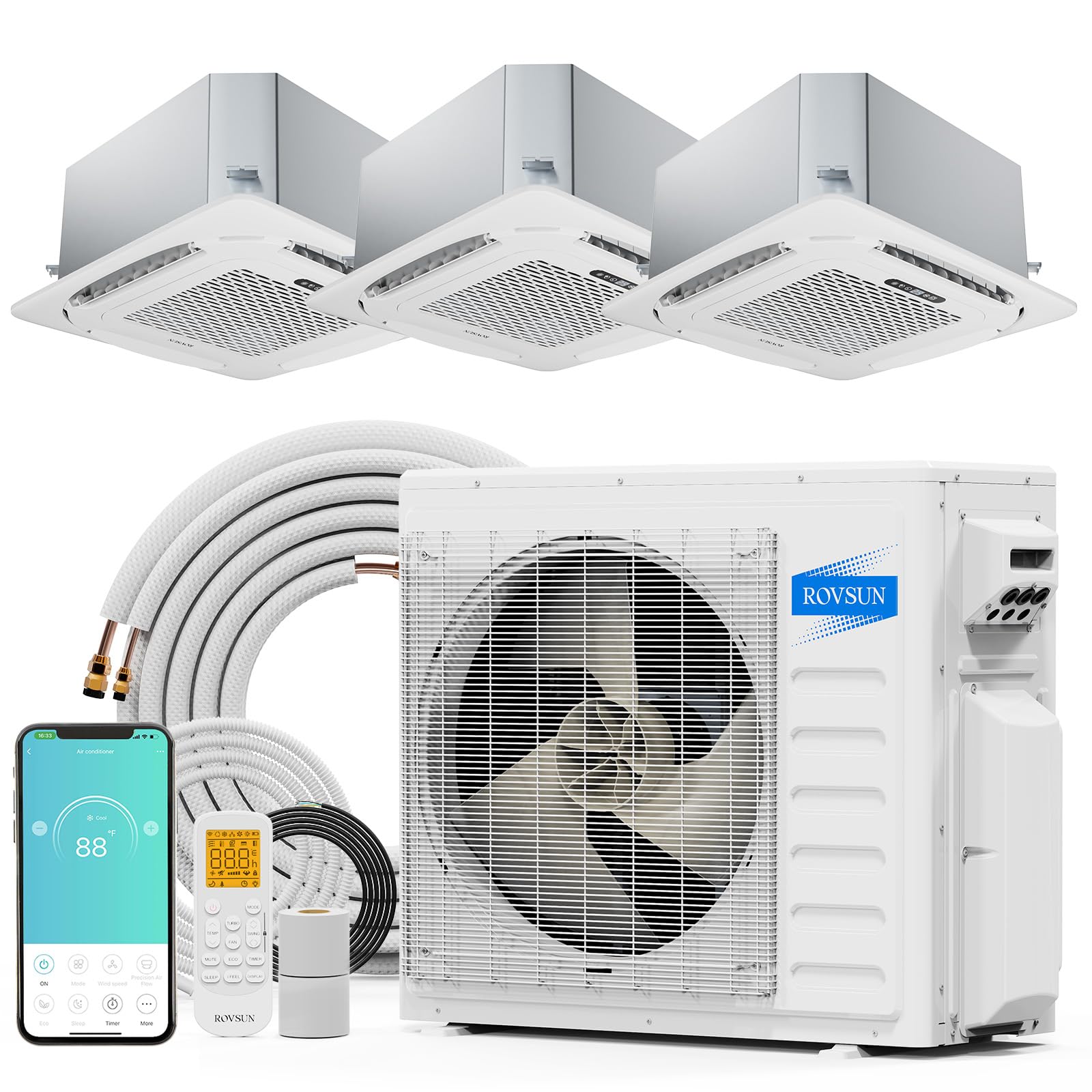 ROVSUN 3 Zone 9000 + 9000 + 12000 / 28000 BTU 20 SEER2 230V Ceiling Cassette Mini Split AC with Heat Pump & Install Kit