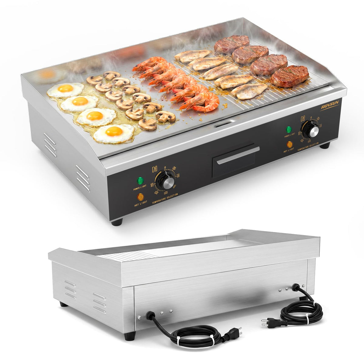 ROVSUN 26" 3200W 110V Electric Griddle Countertop with Half Flat Top Griddle