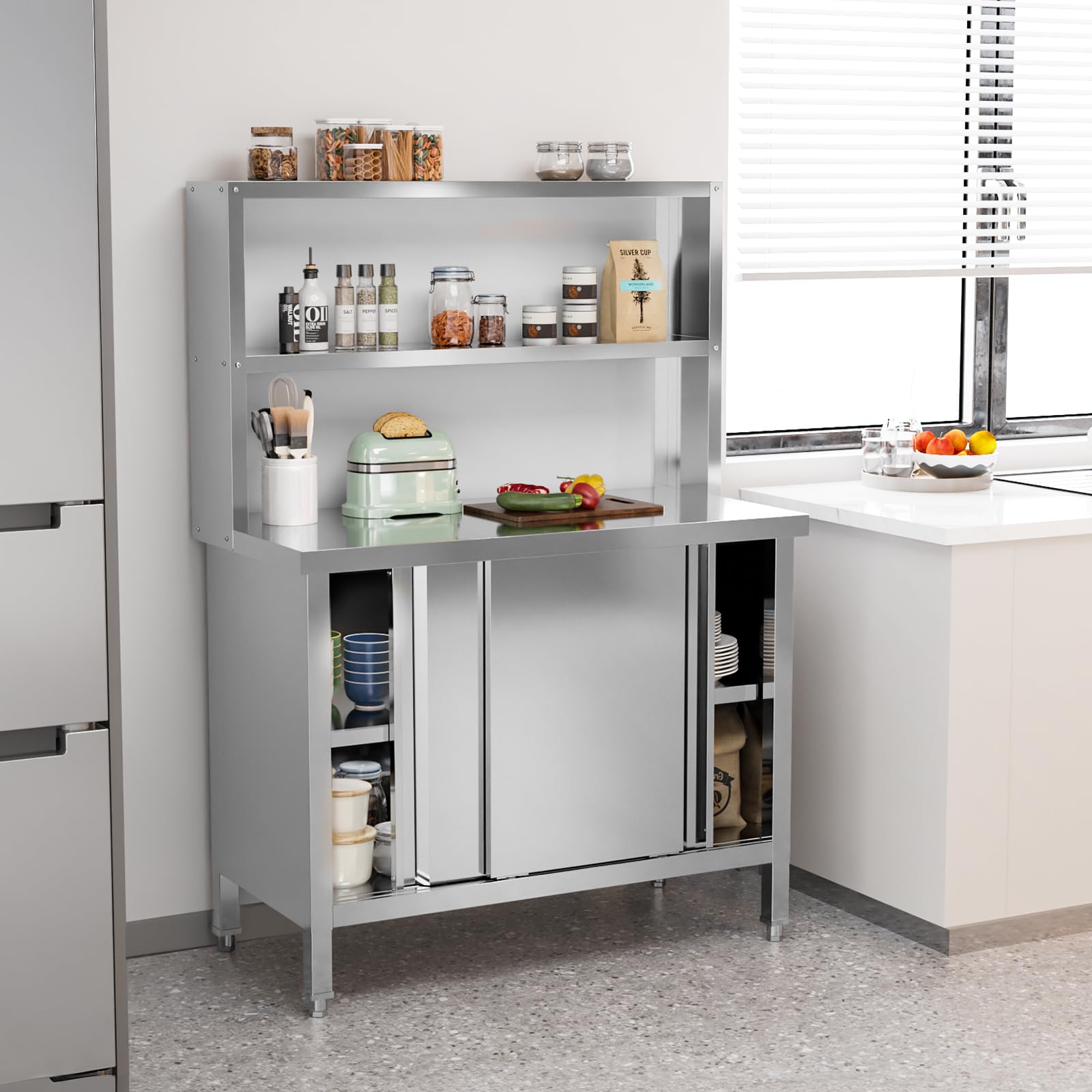 ROVSUN 39" x 19" Stainless Steel Table with Cabinet & Overshelves