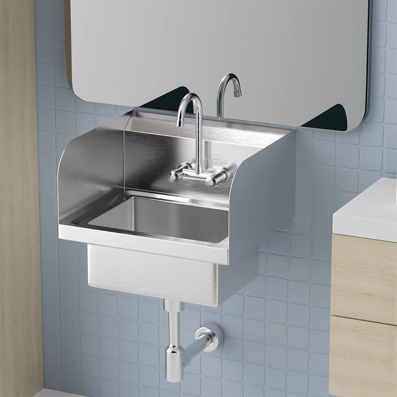 ROVSUN Wall Mount Stainless Steel Hand Wash Sink Heavy Duty with Faucet & Sidesplashes