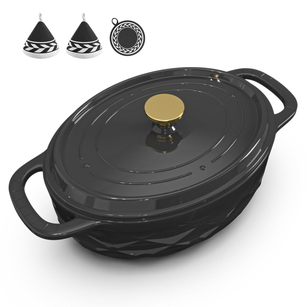 ROVSUN 7.5 QT Oval Enameled Cast Iron Dutch Oven Pot Black