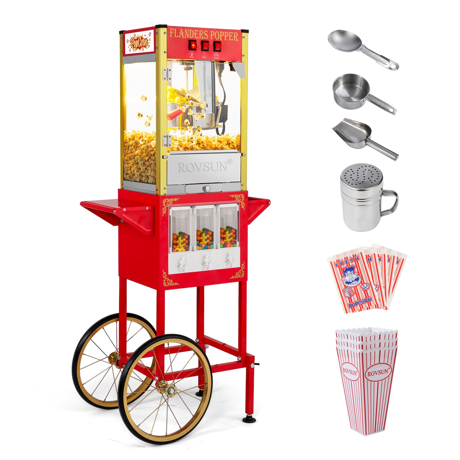 ROVSUN 8 oz Red Popcorn Machine with Cart & Candy Dispenser
