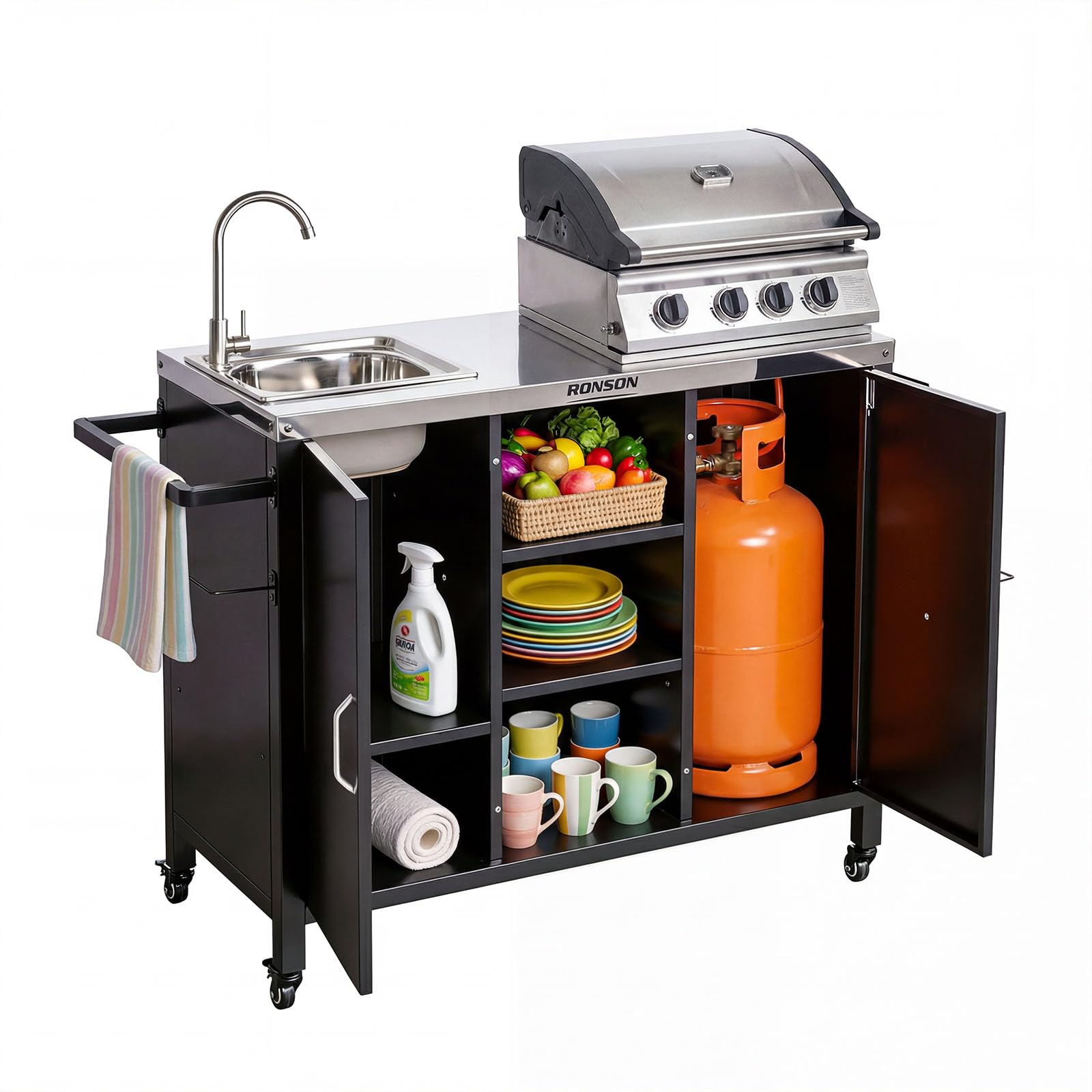 ROVSUN 62" Outdoor Grill Cart with Sink & with Gas Storage Area