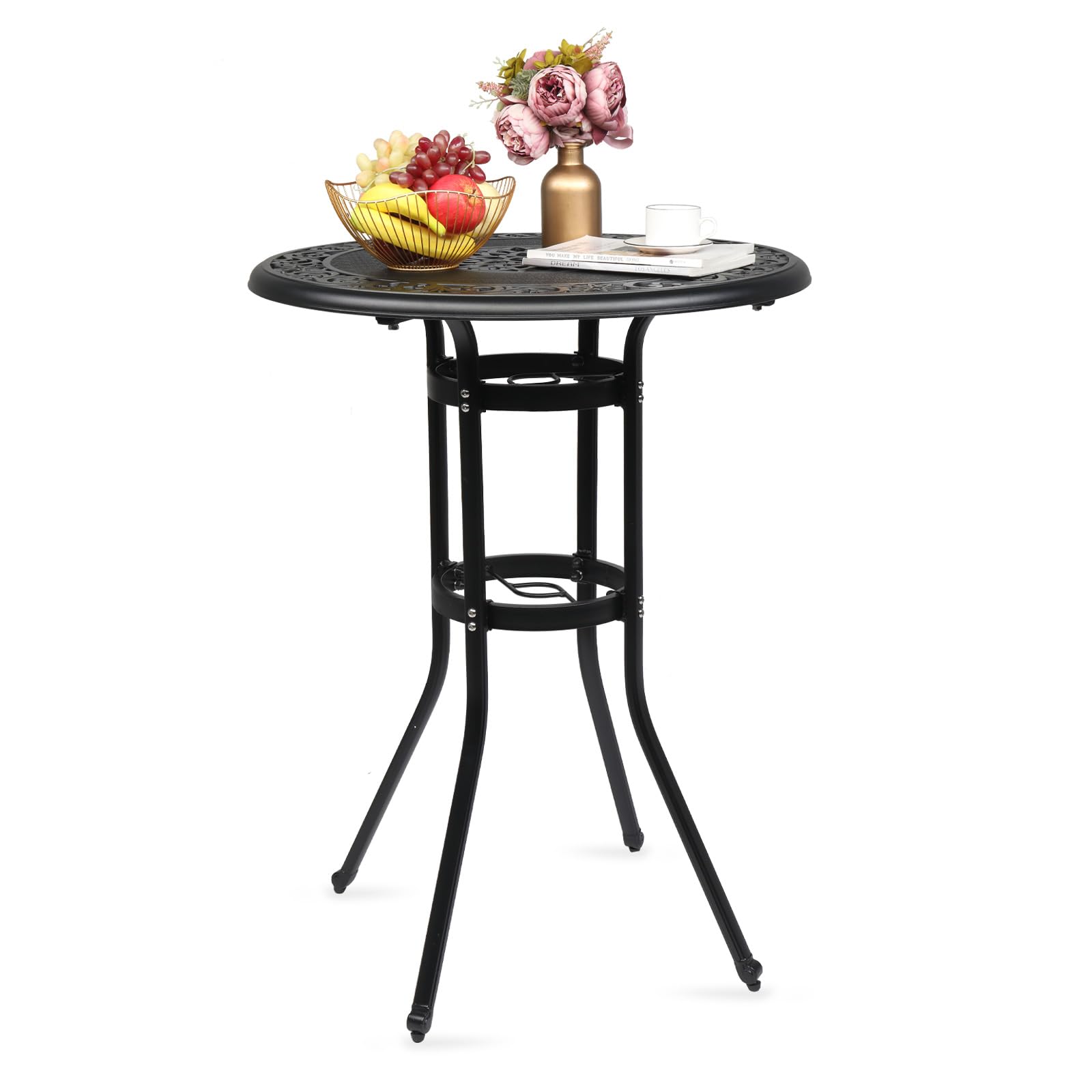 32" Round Outdoor Bar Table with Umbrella Hole Black