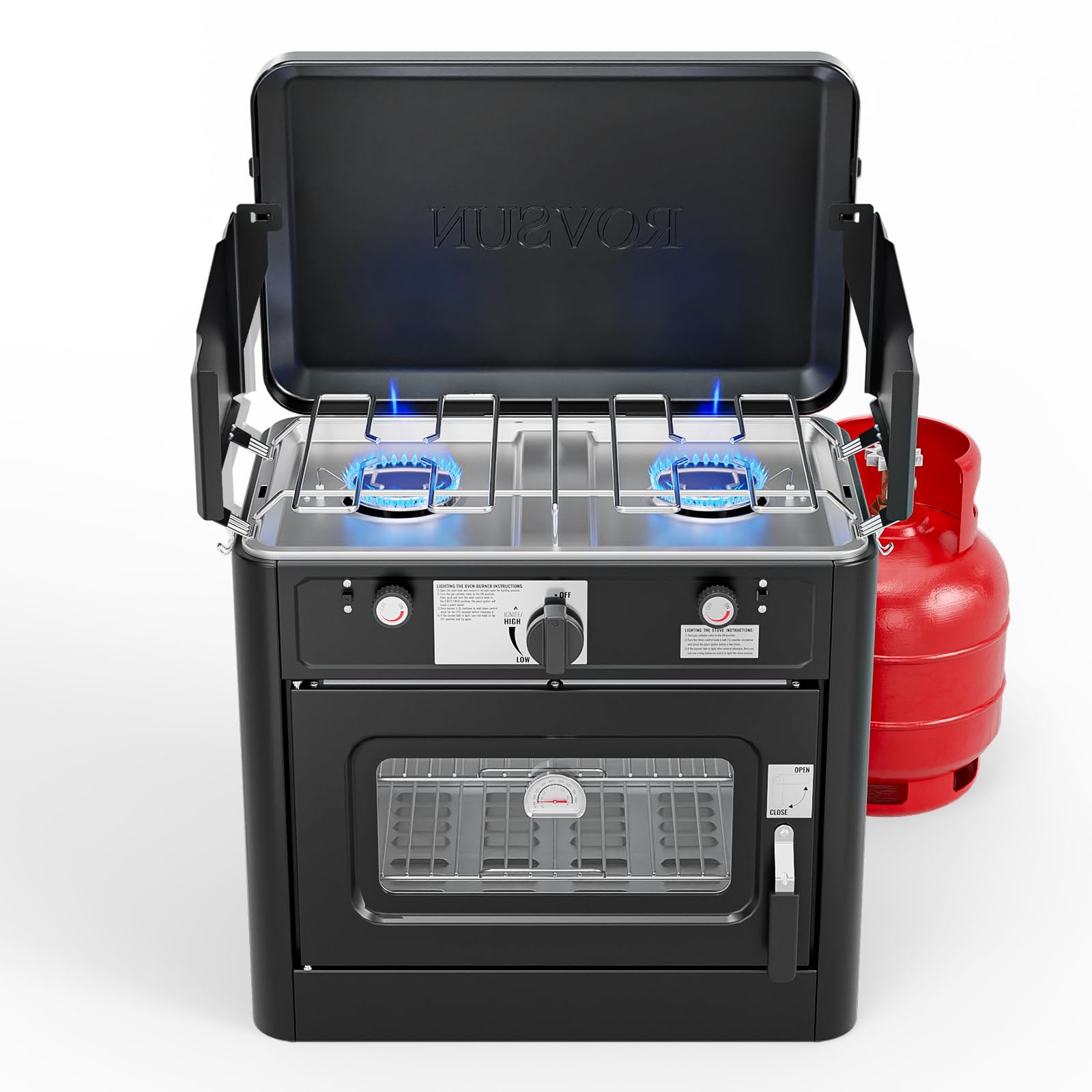 camping gas oven stove ROVSUN 2 Burner 2-in-1 Portable Propane Oven & Stove Black