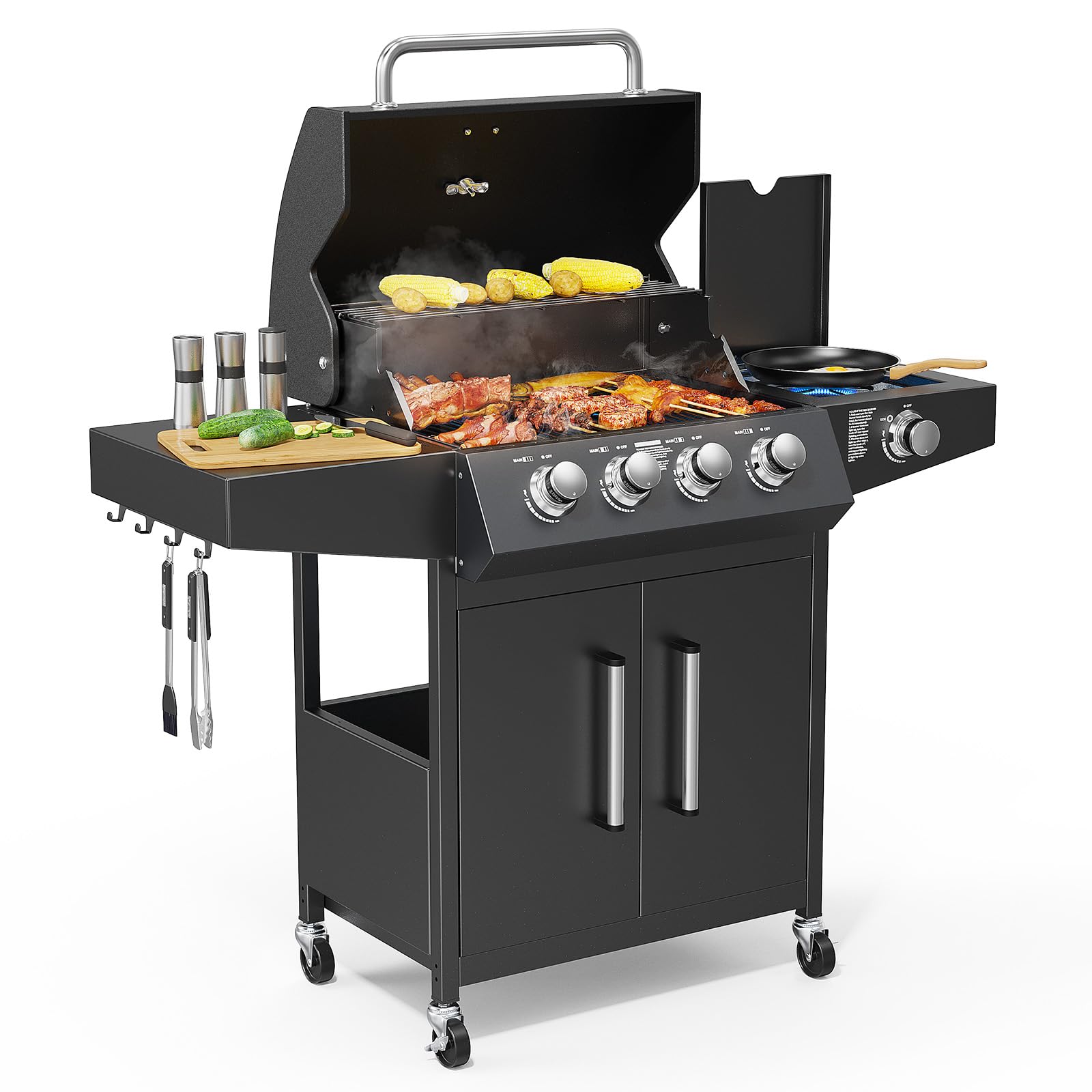 ROVSUN 4-Burner 58,000 BTU Propane Grill with Side Burner Rolling Wh