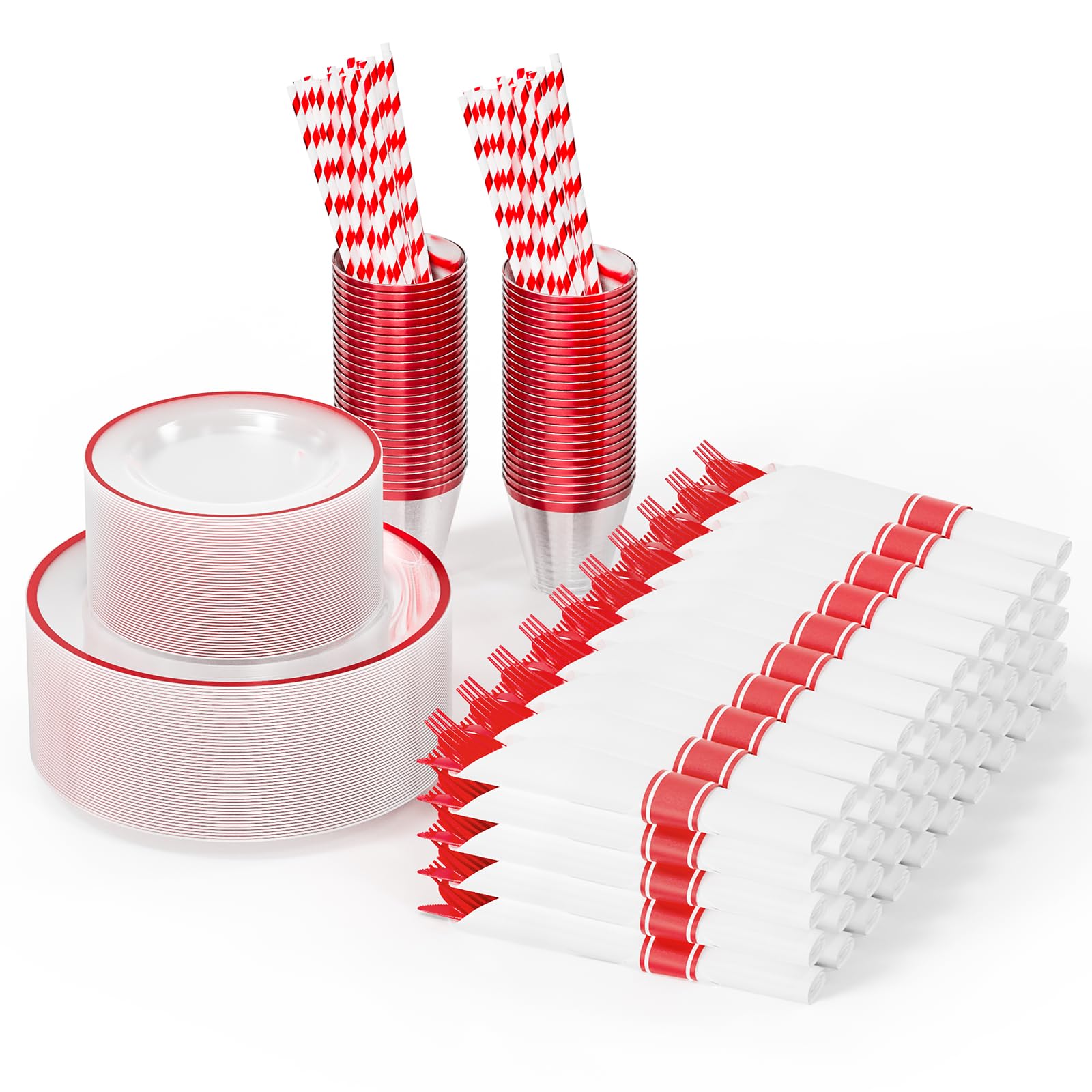 ROVSUN 400 Pieces Pre Rolled Napkins Red Disposable Plastic Dinnerware Set for 50 Guests