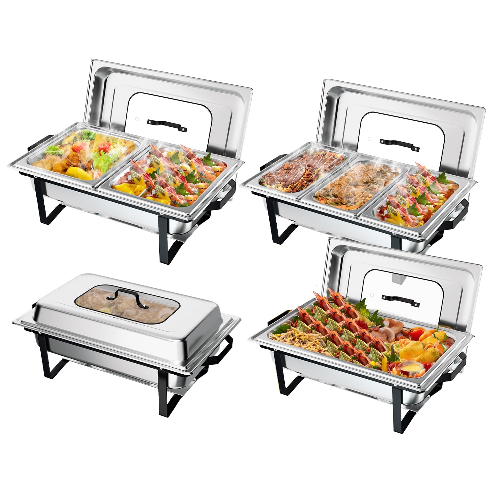 ROVSUN 9 QT Black-Silver Chafing Dish Buffet Set with Glass Lid & Folding Frame
