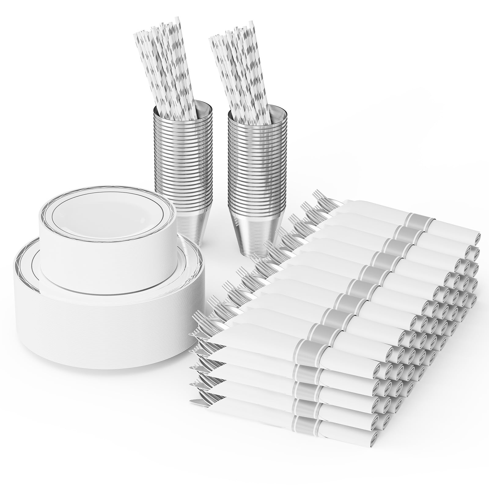ROVSUN 400 Pieces Pre Rolled Napkins Silver Disposable Plastic Dinnerware Set for 50 Guests