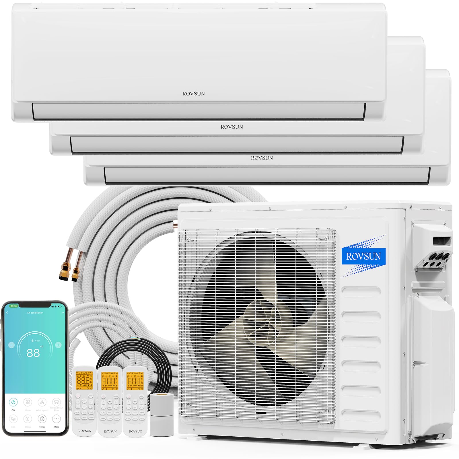 ROVSUN 3 Zone 9,000 + 12,000 + 12,000 / 28,000 BTU Wifi Mini Split Air Conditioner Ductless 20 SEER2 230V with Heat Pump & 25Ft Install Kit