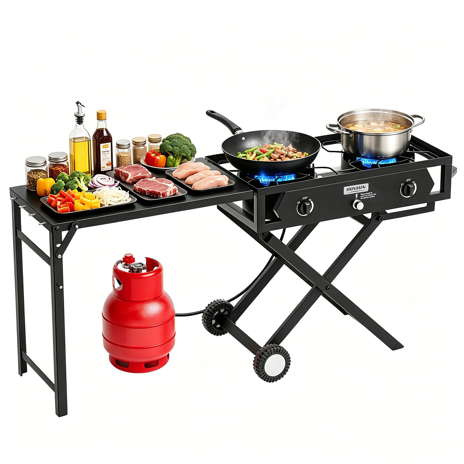 ROVSUN 2 Burner 150000 BTU Foldable Gas Stove with Side Table