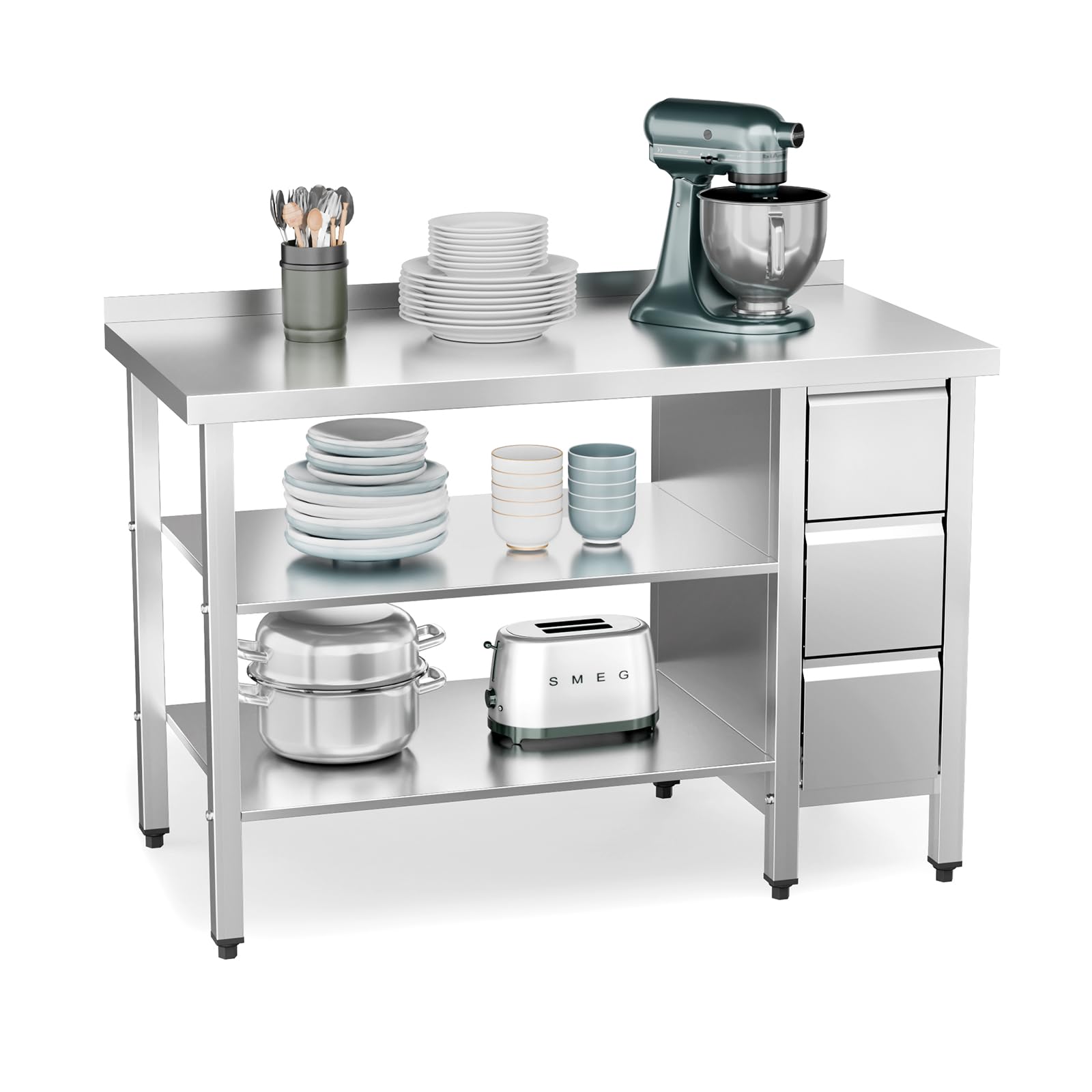 ROVSUN 48" x 24" Stainless Steel Kitchen Work Table with 3 Drawers