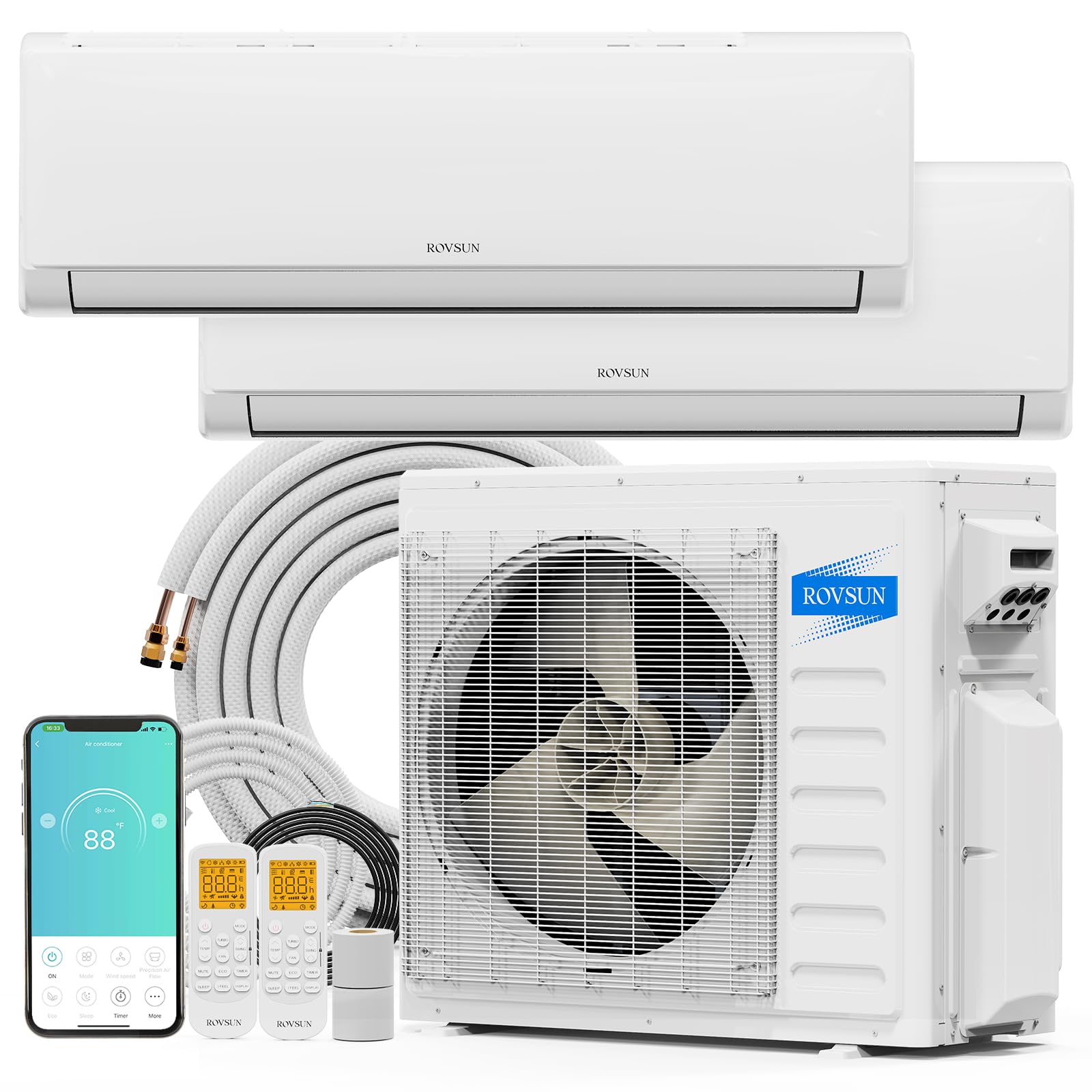 ROVSUN 2 Zone 18,000 + 18,000 / 28,000 BTU Wifi Mini Split Air Conditioner Ductless 20 SEER2 230V with Heat Pump & 25Ft Install Kit