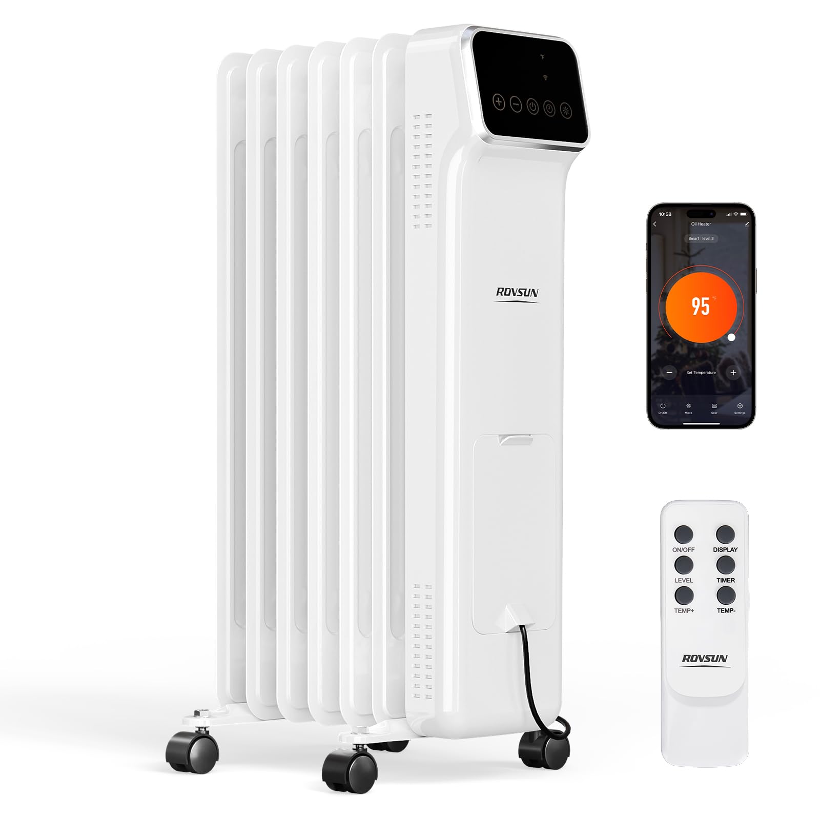 ROVSUN 1500W 120V Oil Filled Radiator Heater with Remote & APP White