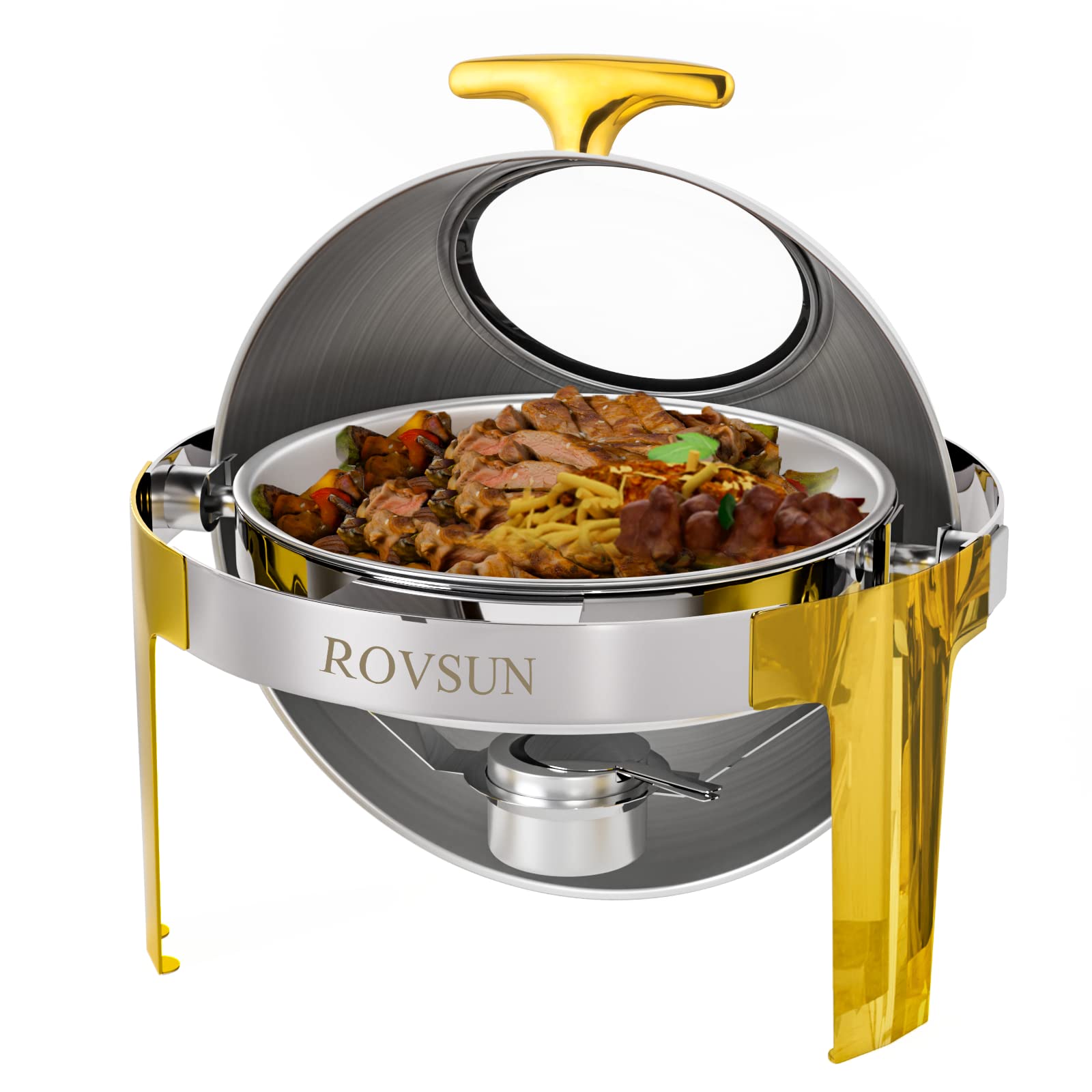 ROVSUN 6 QT Roll Top Round Silver Gold Chafing Dish Set with Visible Window