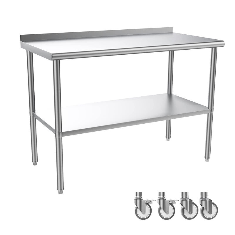 ROVSUN 48 x 24 Inch Stainless Steel Table with Backsplash & Undershelf & Caster