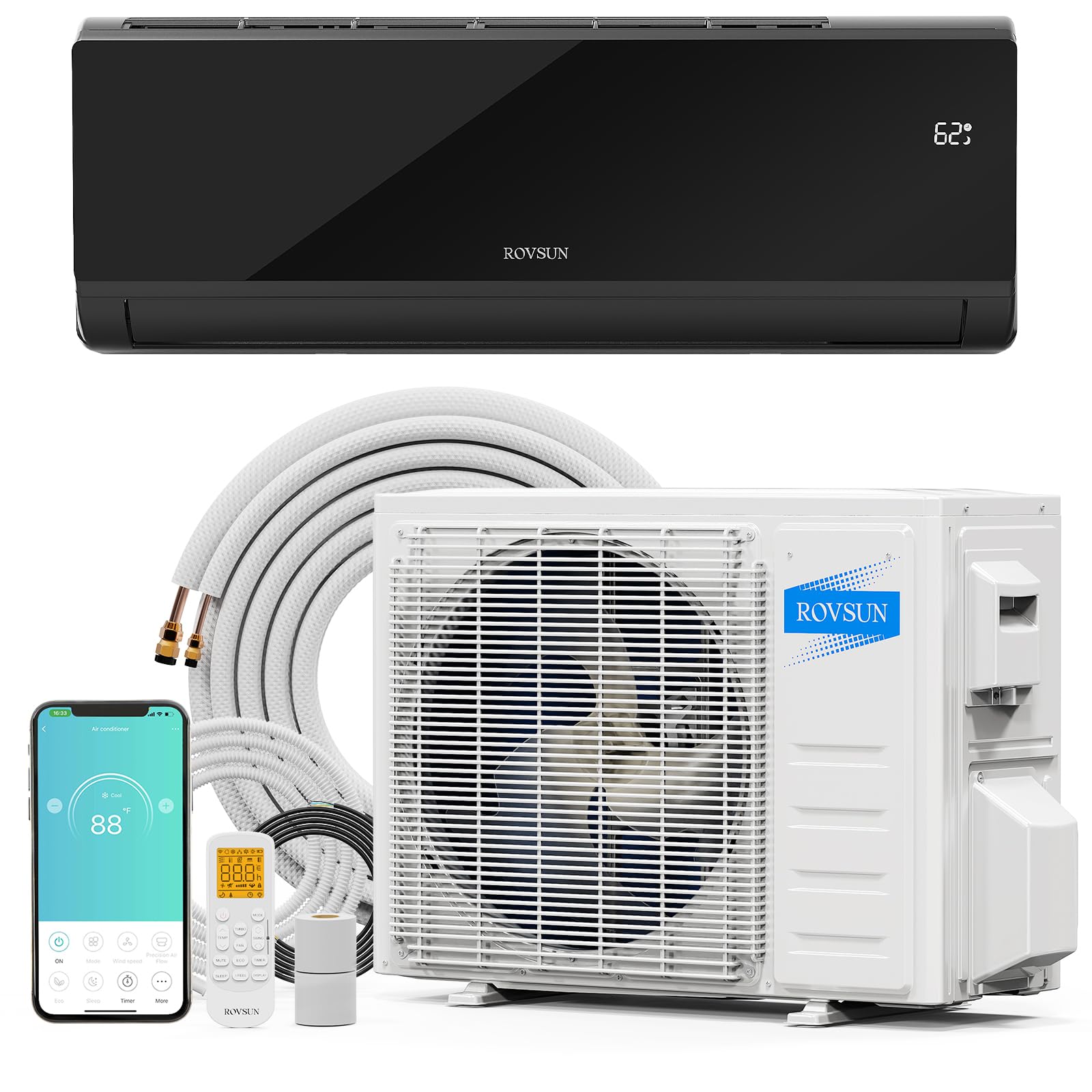 ROVSUN 12,000 BTU 19 SEER2 115V Split Air Conditioner with Heat Pump Ductless Inverter & Install Kit Black