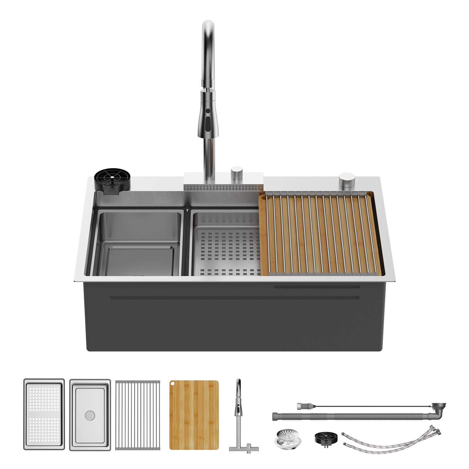 ROVSUN 33" x 22" Drop-in Waterfall Kitchen Sink with Left Drain Silver