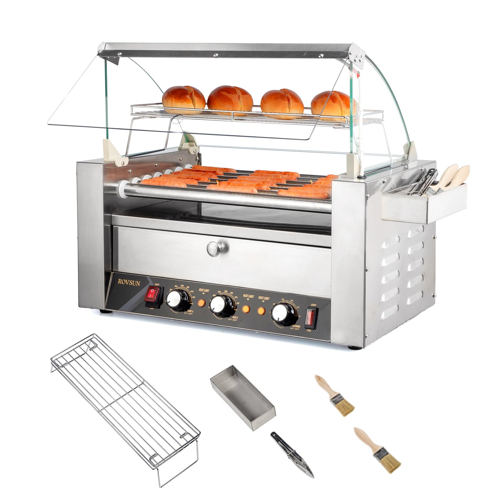 ROVSUN 7 Rollers 1,200W 110V 18 Hot Dog Roller Grill with Bun Warmer